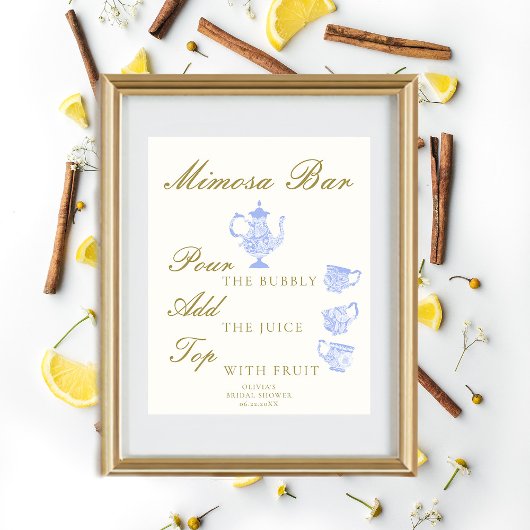 Poster Mimosa Bar Thé nuptial Chine Set bleu blanc dentel