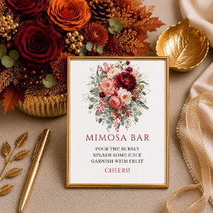 Poster Mimosa de douche de mariage floral automnal rouge