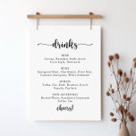 Poster Mini-calligraphie Mariage Boissons Menu Signer<br><div class="desc">Cette affiche minimaliste du menu des boissons mariage calligraphie est parfaite pour un mariage rustique. Le design sobre et élégant présente une typographie de script classique et sophistiquée en noir et blanc.</div>