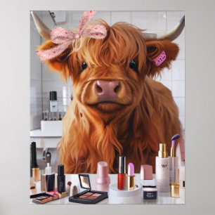 Poster Mini Highland Cow Pink Ruban et produits de beauté