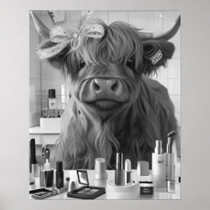 Poster Mini Highland Cow Pink Ruban et produits de beauté
