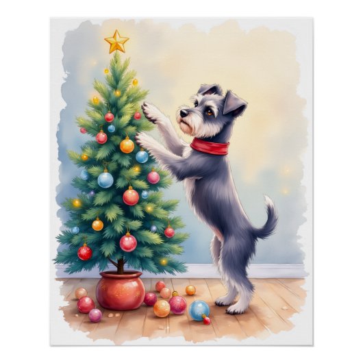 Poster Miniature Schnauzer Decorating Christmas Tree Dog  (Devant)