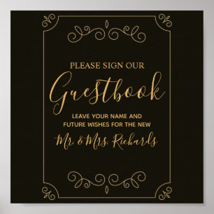Poster Minimal Black Gold Frame Frontières Mariage Guestb