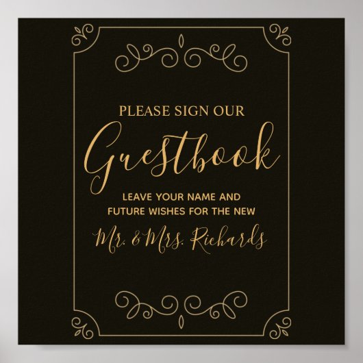 Poster Minimal Black Gold Frame Frontières Mariage Guestb (Devant)