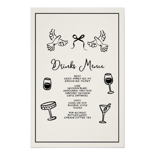 Poster Minimal Hand Drawn “Drinks Menu” Wedding Bar  (Devant)