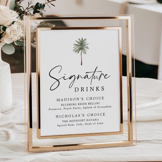 Poster Minimal Palm Tree Wedding Signature Drinks Sign