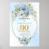 Poster Minimal Pastel Blue Floral 90th birthday welcome (Devant)