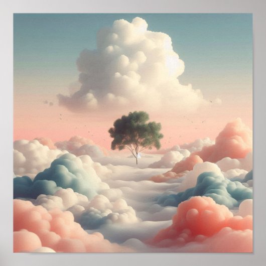 Poster Minimal Surreal Tree Above Soft Pastel Clouds (Devant)