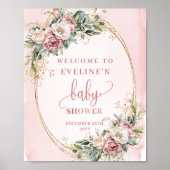 Poster Minimal Welcome Dusty Pink Flowers Gold Glitter  (Devant)