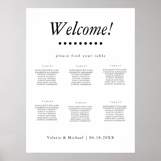 Poster Minimalist-1 B&W Wedding 6 Tables Seating Chart (Devant)