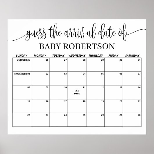 Poster Minimalist Baby Shower Guess Due Date Calendar (Devant)
