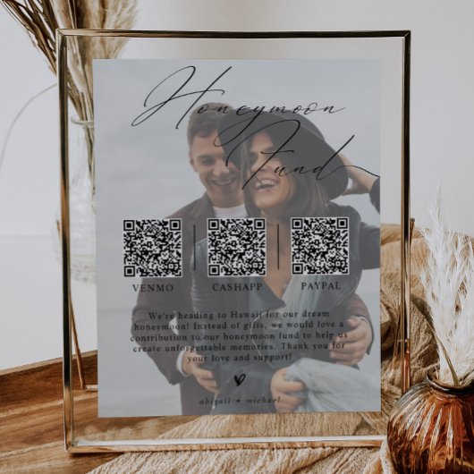 Poster Minimalist Honeymoon Fund w/ Photo & 3 QR Codes