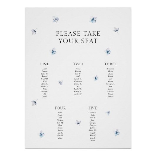 Poster minimaliste Plan de table Hydrangea bleu (Devant)