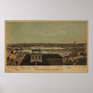 Poster Minneapolis Minnesota 1874 Carte panoramique antiq
