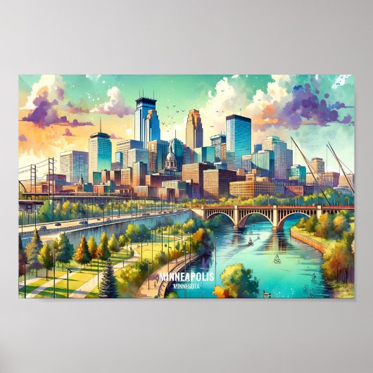 Poster Minneapolis Minnesota USA Travel Places aquarelle (Devant)