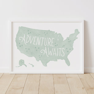 Poster Mint Green Adventure Attend US Map Kids Room Decor