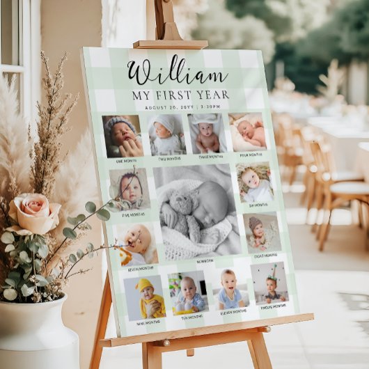 Poster Mint Green Gingham First Birthday Photo Timeline