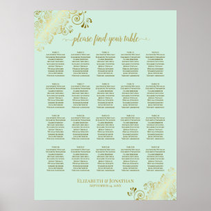Poster Mint Green & Gold 20 Table Wedding Seating Chart