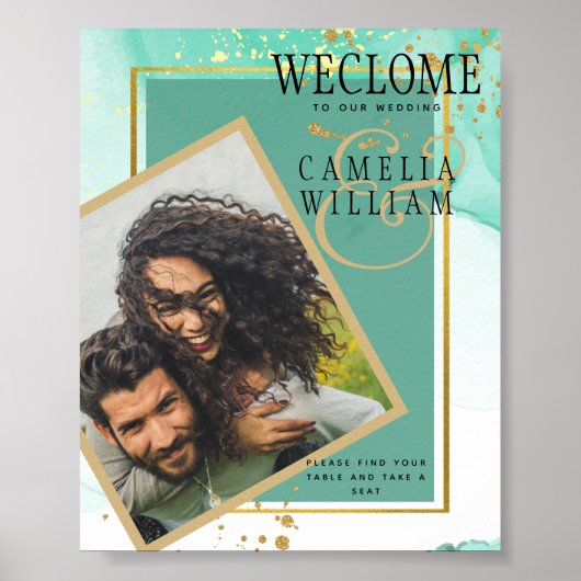 Poster Mint Green Gold MARIAGE Encre d'alcool Abstraite (Devant)