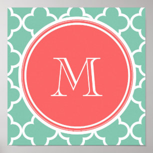 Poster Mint Green Quatrefoil Motif, Monogramme de corail
