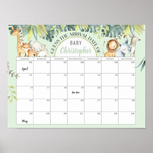 Poster  Mint safari cute jungle baby shower calendar game (Devant)