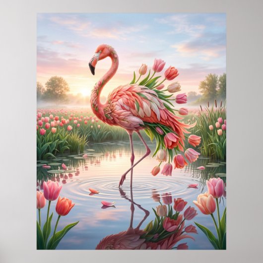 Poster Miroir des flamants tulipes marais (Devant)