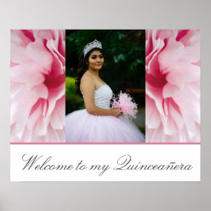 Poster Mis Quince Pink Floral Bienvenue à ma Quinceañera