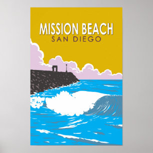 Poster Mission Beach Californie Voyage Art Rétro
