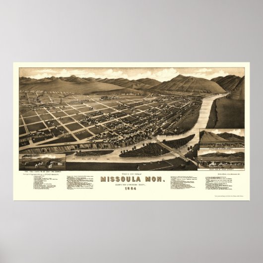 Poster Missoula, MT Carte panoramique - 1884 (Devant)