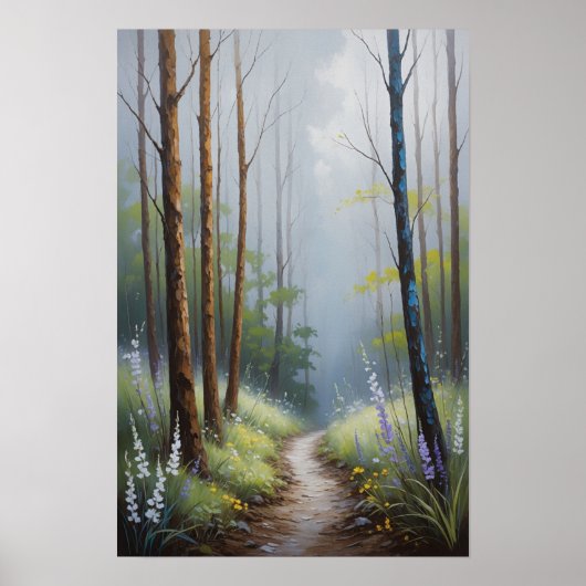 Poster Misty Forest Path with Sunlight Atmospheric Nature (Devant)