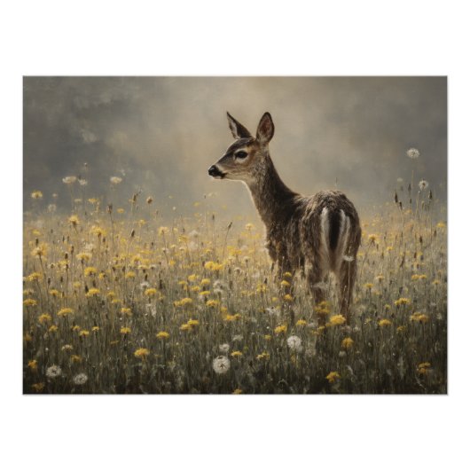 Poster Misty Meadow Fawn Nature Print (Devant)