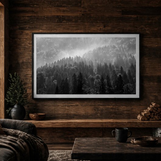 Poster Misty Pine Forest Black and White Landscape