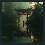 Poster Misty Torii Gate Dawn Solitude Figure<br><div class="desc">A solitary traveler stands before a majestic red torii gate rising from a misty, lily-pad-filled pond at dawn. Thick fog envelops dense bamboo and ancient trees, while golden sunrise rays pierce through, casting luminous beams and soft reflections across the calm water. The iconic gate glows with quiet power, symbolizing transition,...</div>