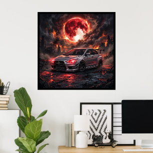 Poster Mitsubishi Lancer Evo 10 sous une lune cramoisie