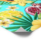 Poster Mix-fruit tropical, fleurs et feuilles en bleu (Coin)