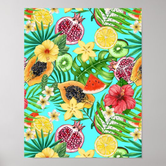 Poster Mix-fruit tropical, fleurs et feuilles en bleu (Devant)