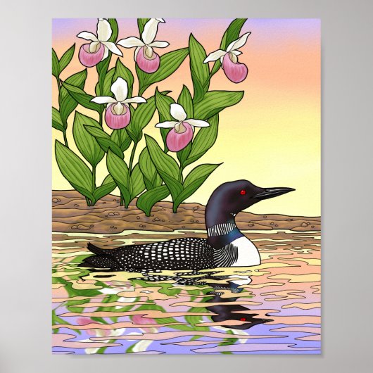 Poster MN Oiseau Fleur État Plongeon Cypripède (Devant)