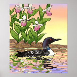 Poster MN State Bird Flower Loon Lady Slipper
