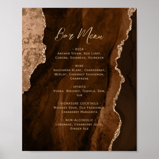 Poster Mocha Brown Gold Agate Script Wedding Bar Menu  (Devant)
