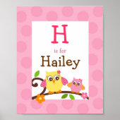 Poster Mod Owl Flower Girls Nursery Wall Art Nom Imprimer (Devant)
