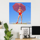 Poster Modèle bikini rétro/parasol rayé rouge (Bureau à domicile)