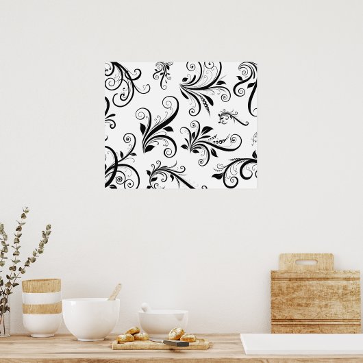 Poster Modèle Damask, Damask français, noir et blanc (Cuisine)