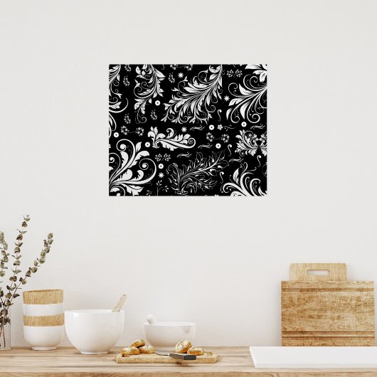 Poster Modèle Damask, Damask français, noir et blanc (Cuisine)
