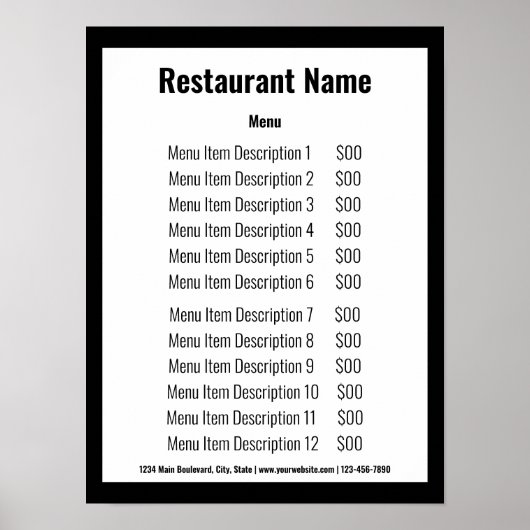 Poster Modèle de menu de restaurant noir et blanc pour en (Devant)