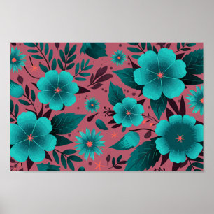 Poster Modèle floral turquoise sur Arrière - plan marron