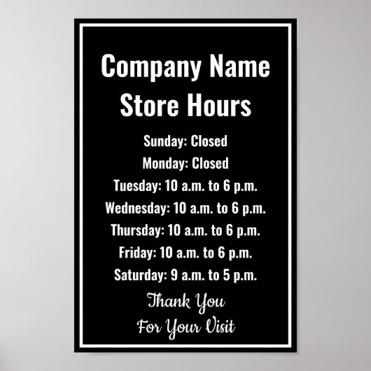 Poster Modèle Heures d'ouverture d'entreprise Noir & Blan (Devant)