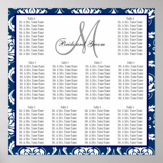 Poster Modèle Mariage Carte de siège Damask Marine Bleu (Devant)