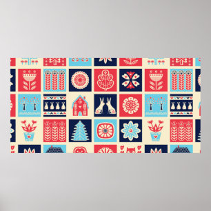 Poster modèle sans couture d'art populaire scandinave vin