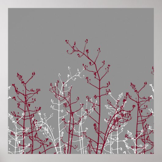 Poster Modern Abstract Elegant Burgundy Flowers on Grey (Devant)