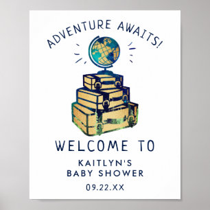 Poster Modern Adventure Travel Baby shower Globe Bienvenu